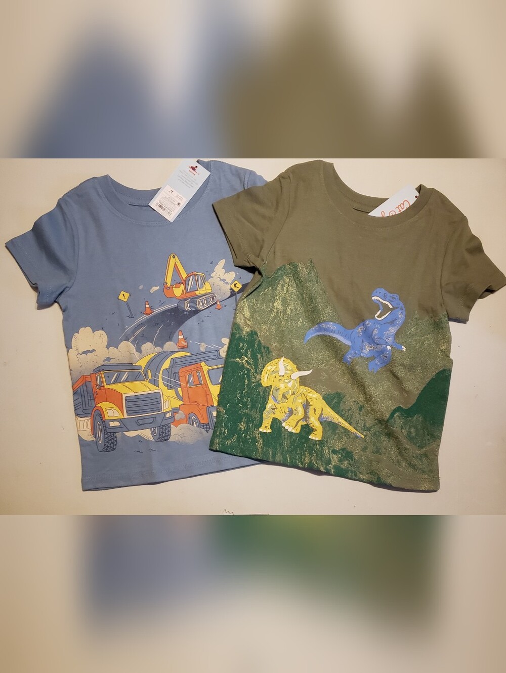 Cat & Jack Blue Truck Tee and Olive Green Dino Tee Set